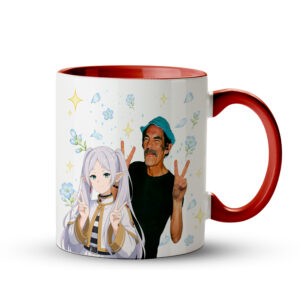 Caneca Frieren e Seu Madruga | Crossover Anime Humor | Caneca Geek Vermelha - Imagem 1