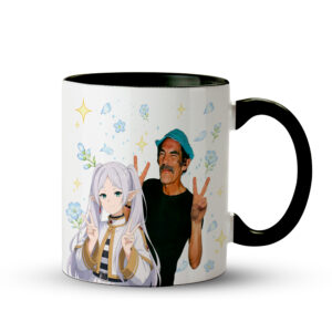Caneca Frieren e Seu Madruga | Crossover Anime Humor | Caneca Geek Preta - Imagem 1